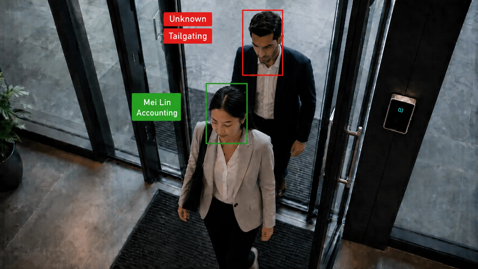 AI tailgating detection flags an unknown person following a recognized employee through a secure door