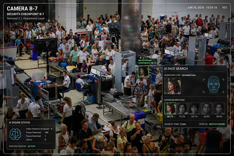 AI Scout face search matching a face in a crowded airport security checkpoint