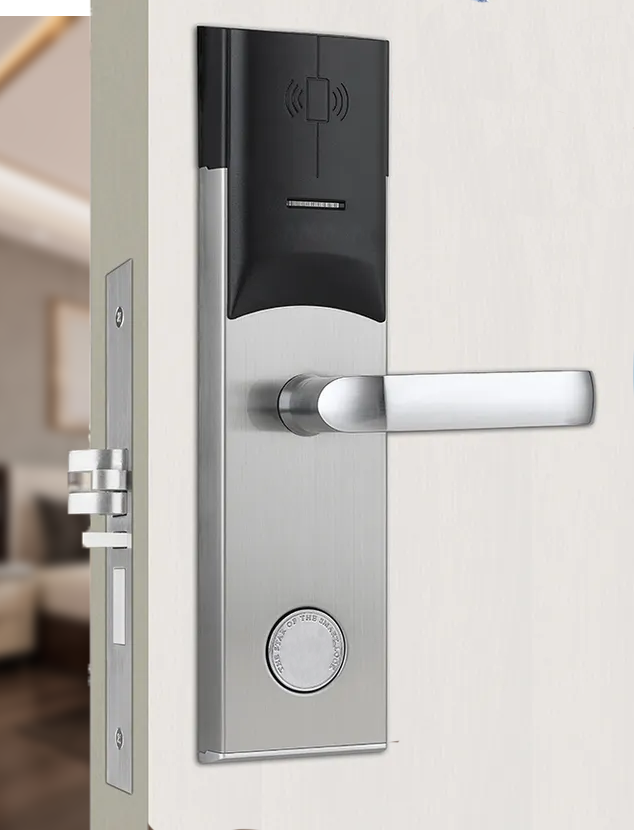 Full-plate battery-powered hotel lock with contactless reader and mechanical key override